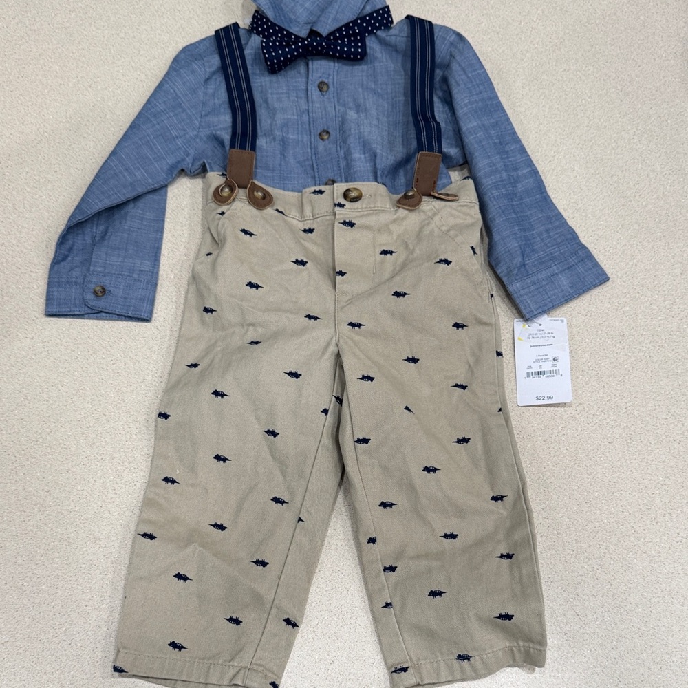 Carter’s 12 M Blue Shirt and Tan Overalls Set with Bow Tie dinosaur design pants